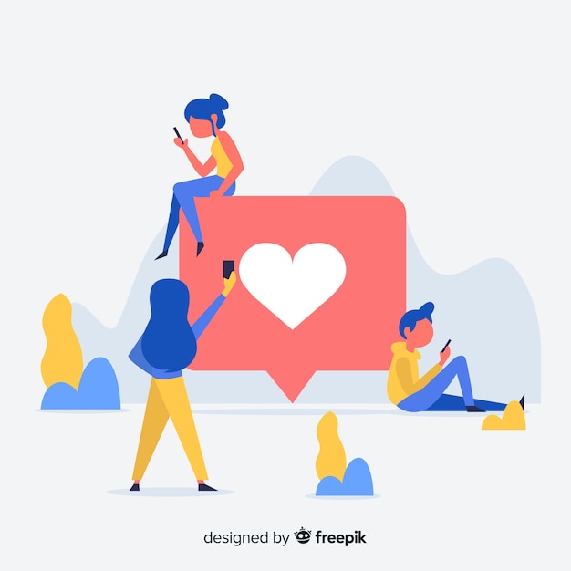 Vlakke jonge mensen sociale media zoals conceptenachtergrond Gratis Vector