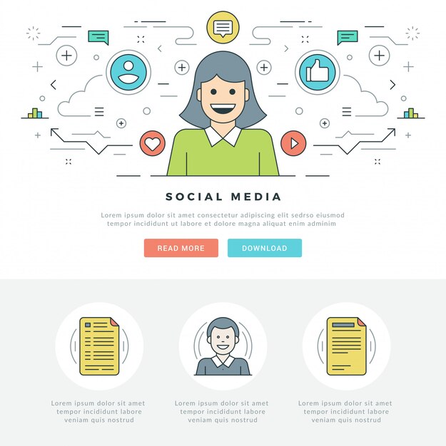 Vlakke lijn sociale media concept en lijnstijl iconen ontwerp. Premium Vector