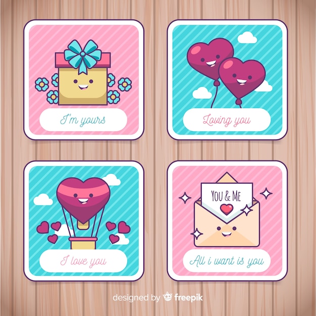 Vlakke valentijnskaart-kaartinzameling Gratis Vector