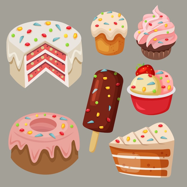 Voorraad vector heerlijke snoepjes en cake met regenboog hagelslag element set collectie Premium Vector