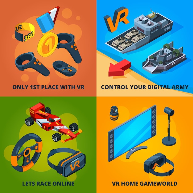 Vr computer spellen. onderdompeling in digitaal entertainment, mensen spelen isometrische virtual reality-helmhoofdtelefoon Premium Vector