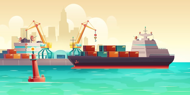 Vrachtschiplading in de illustratie van het havenbeeldverhaal Gratis Vector