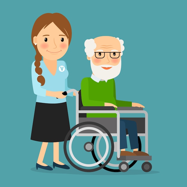 Vrijwilligers duwen rolstoel met gehandicapte oude man Premium Vector