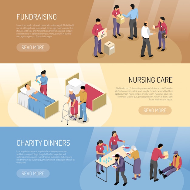 Vrijwilligers isometrische banners set Gratis Vector