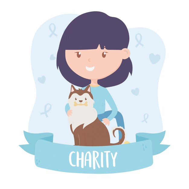 Vrijwilligerswerk, help liefdadigheid tiener vrouw met hond redding banner Premium Vector