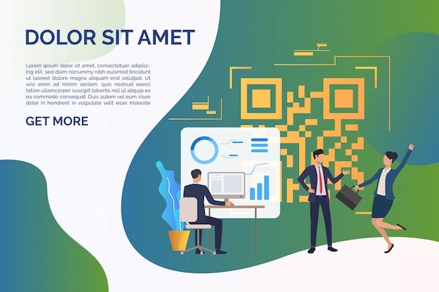 Vrolijke bedrijfsmensen in bureau, qr-code en steekproeftekst Gratis Vector