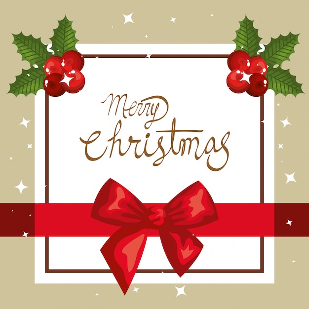 Vrolijke kerstkaart met strik lint en vierkant frame Gratis Vector
