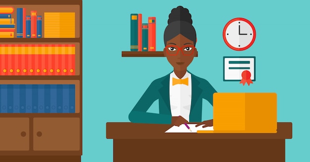 Vrouw die laptop voor onderwijs met behulp van Premium Vector