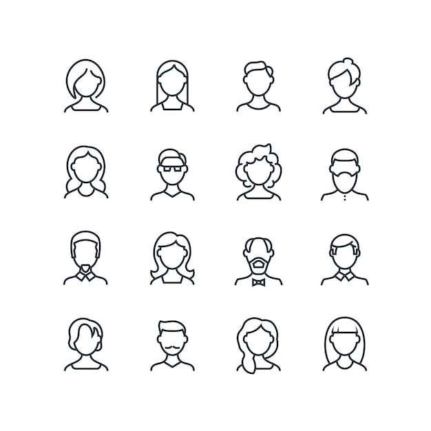 Vrouw en man gezicht lijn pictogrammen. vrouwelijke mannelijke profieloverzichtssymbolen met verschillende kapsels. vector mensen avatars geïsoleerd Premium Vector