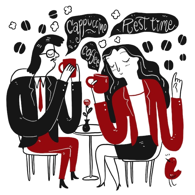 Vrouw en man koffie drinken tijdens een pauze in de middag om te ontspannen. verzameling van hand getrokken, vectorillustratie in schets doodle stijl. Premium Vector