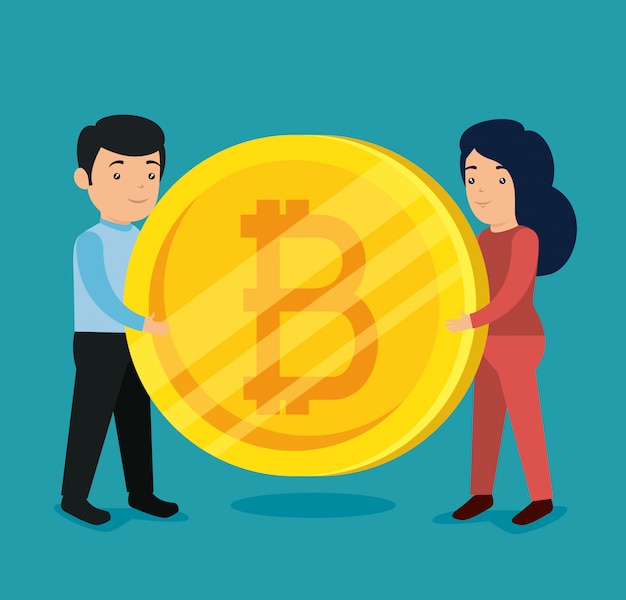 Vrouw en man met bitcoin elektronische valuta Gratis Vector