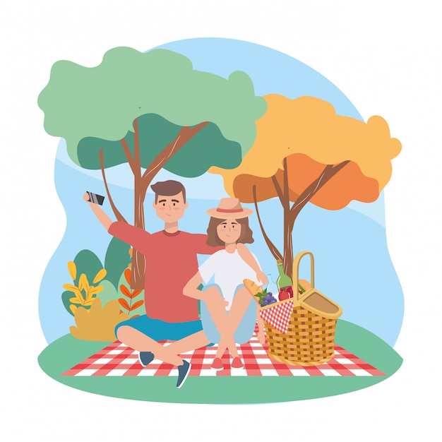 Vrouw en man met smartphone selfie en voedsel in de belemmering Gratis Vector