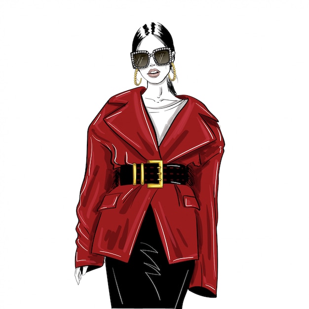 Vrouw in glazen en oversized rode jas Premium Vector
