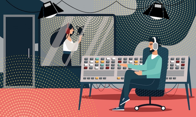 Vrouw in hoofdtelefoon zingt liedje in opnamestudio Premium Vector