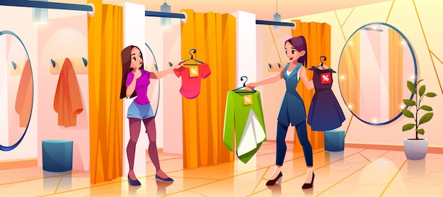 Vrouw in paskamer passen op kleding in de winkel | Gratis Vector