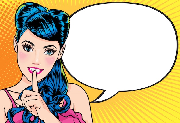 Vrouw met vinger op lippen zegt komische zeepbel Premium Vector