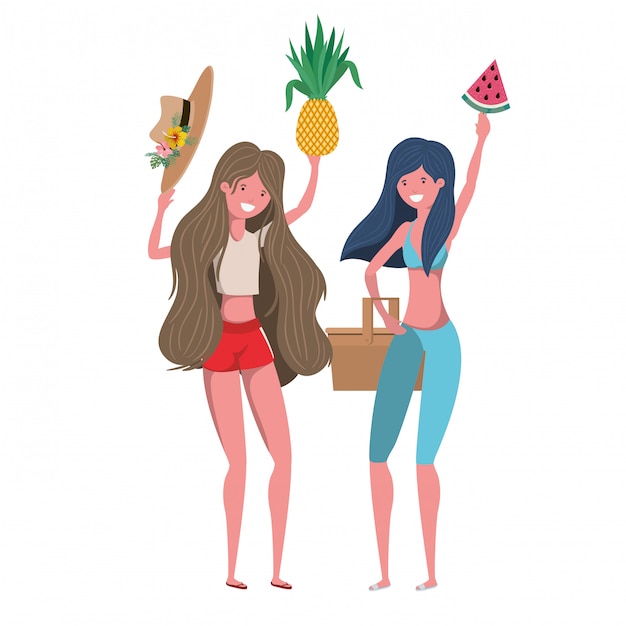 Vrouwen met zwempak en tropisch fruit in de hand Gratis Vector
