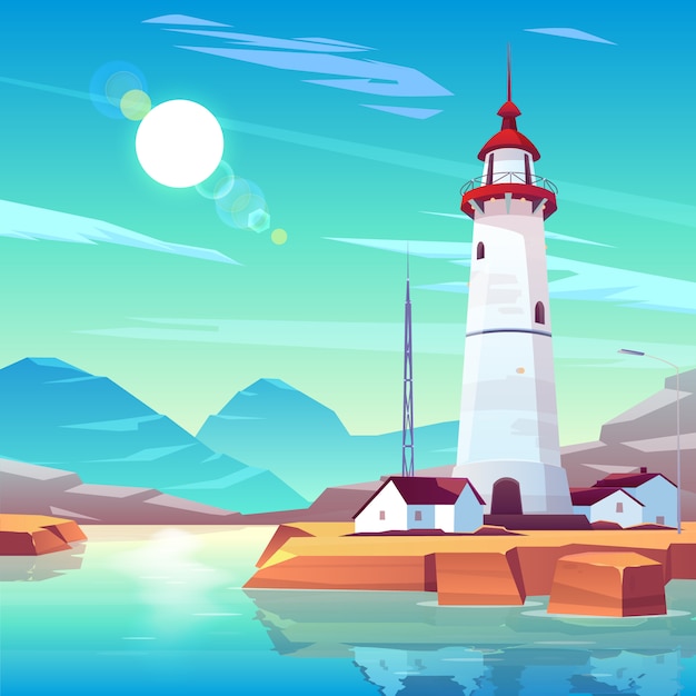 Vuurtoren die zich op rotsachtige kust bevindt die met huizen en tv-toren wordt omringd onder zon die in bewolkte hemel glanst. Gratis Vector