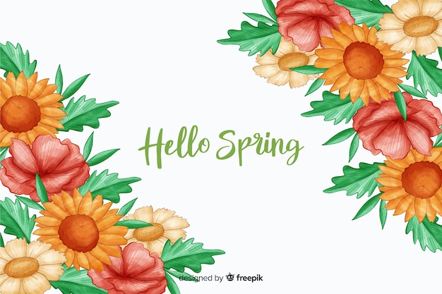 Warm gekleurde bloemen met hallo lente citaat Gratis Vector