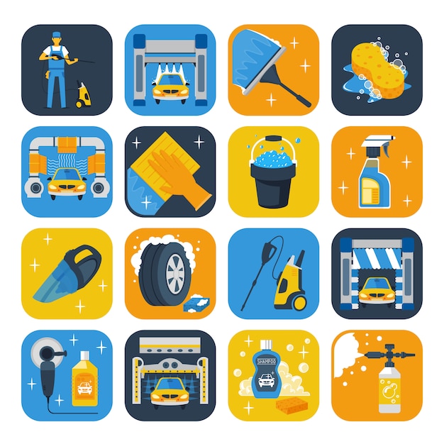 Wasstraat service symbolen plat pictogrammen collectie met windscherm zuigmond zeep kanon Gratis Vector