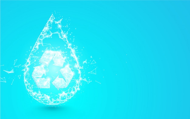Waterdruppel met recycle symbool van lijnen, driehoeken en deeltjesstijl ontwerp. illustratie vector Premium Vector