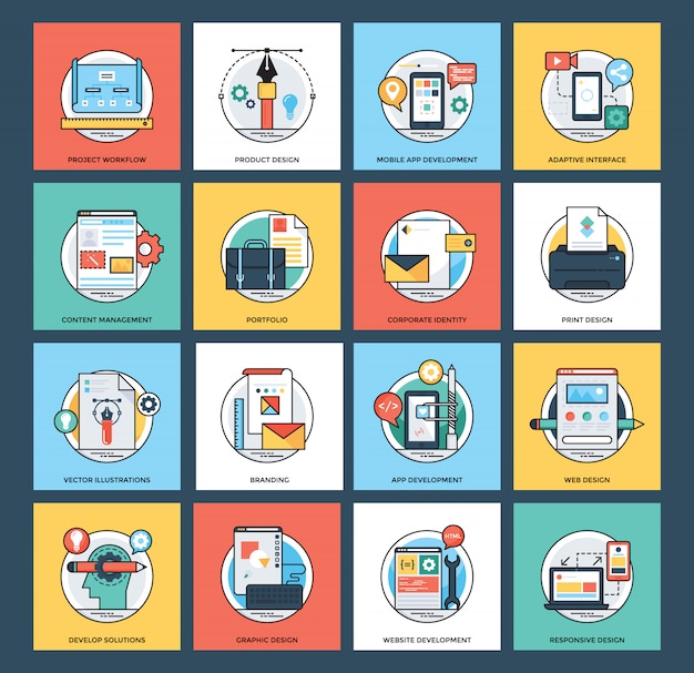 Web en mobiele ontwikkeling plat pictogrammen Premium Vector