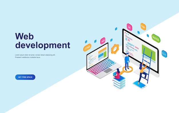 Webontwikkeling, programmaconcept isometrisch ontwerp Premium Vector