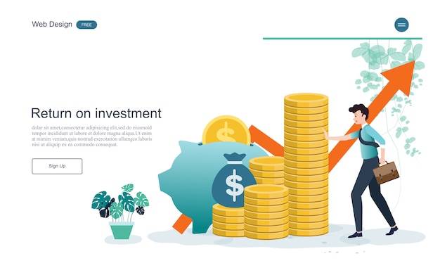 Websjabloon bestemmingspagina. concept voor financiële en investeringen. return on investment. Premium Vector