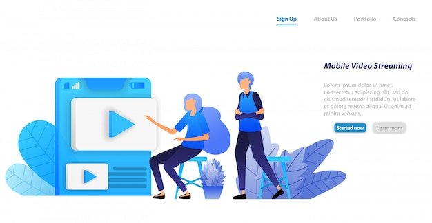 Websjabloon bestemmingspagina. online mobiele video sharing en streaming apps. mensen kiezen video's voor beïnvloeders om te spelen en te bekijken Premium Vector
