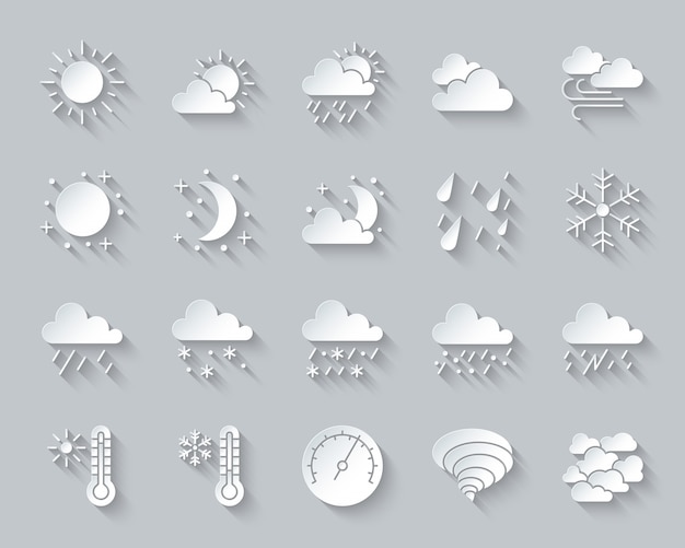 Weer, meteorologie, klimaat icon set omvat zon, wolk, sneeuw, regen, papier knippen, materiaalontwerp. Premium Vector