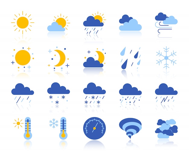 Weer, meteorologie, klimaat platte icon set omvat zon, wolk, sneeuw, regen. Premium Vector