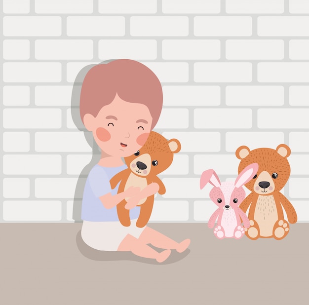 Weinig babyjongen met gevuld speelgoedkarakter Gratis Vector