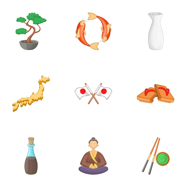 Welkom bij japan iconen set, cartoon stijl Premium Vector