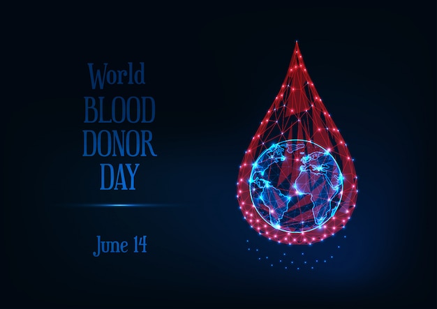 Wereld bloed donor dag met gloeiende laag poly bloeddruppel en planeet aarde globe en tekst. Premium Vector