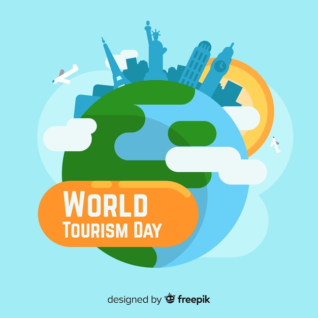 Wereld toerisme achtergrond met monumenten in platte ontwerp Gratis Vector