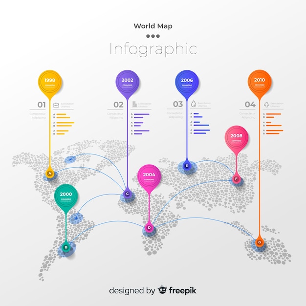 Wereldkaart infographic met kleurrijke markeringen Gratis Vector