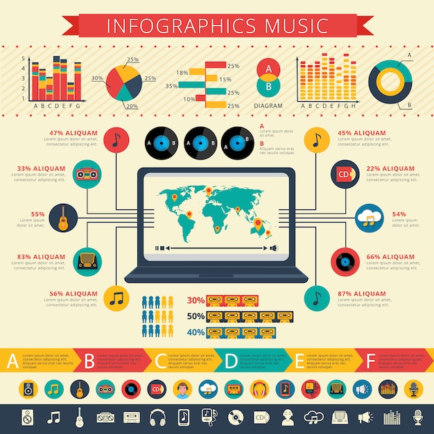 Wereldwijd nostalgische retro muziek apps statistieken van gebruikers kaart en schema's infographic Gratis Vector