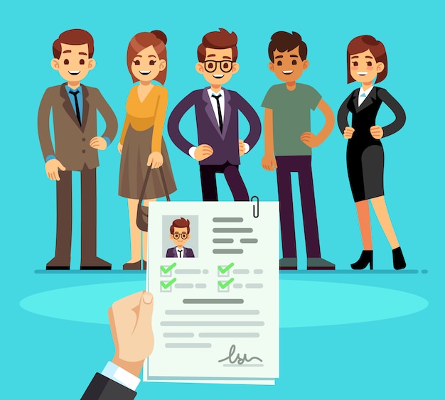 Werving. recruiter kiest kandidaten met cv cv. human resource en sollicitatiegesprek Premium Vector
