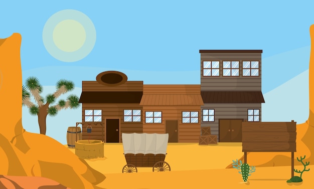 West-stad met houten huizen Premium Vector