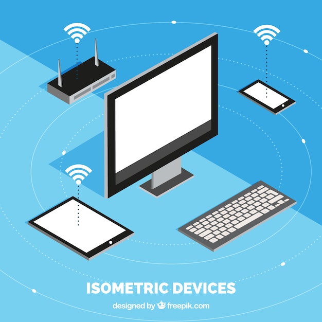 Wifi achtergrond met elektronische apparaten in isometrisch ontwerp Gratis Vector
