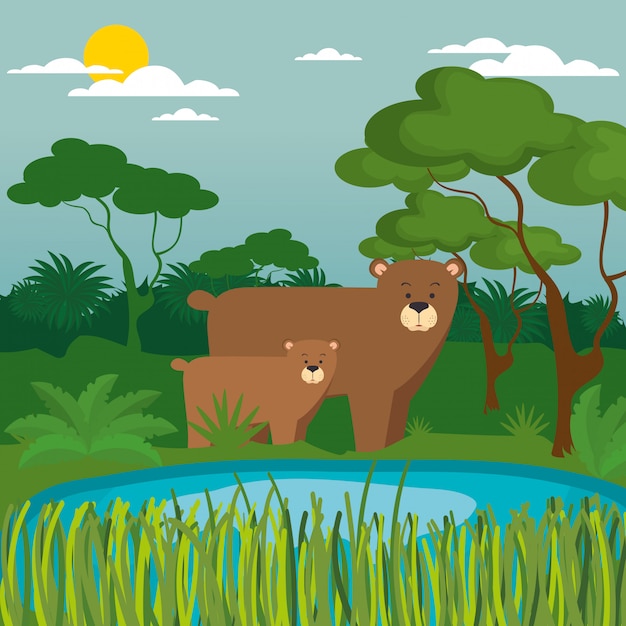 Wilde dieren in de jungle scene Gratis Vector