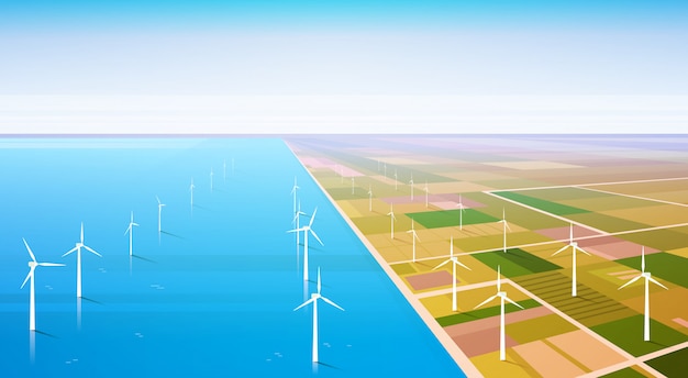 Windturbine energie hernieuwbare water station veld achtergrond Premium Vector