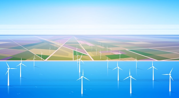 Windturbine energie hernieuwbare water station veld achtergrond Premium Vector