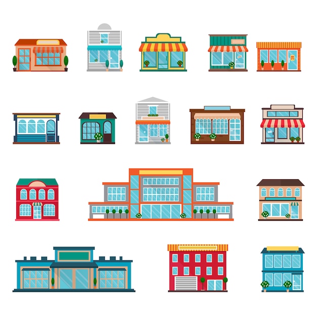 Winkels en supermarkten grote en kleine gebouwen pictogrammen instellen Gratis Vector