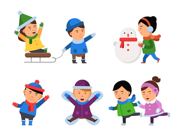 Winter glimlach tekens. kinderen sneeuw kleren jongens meisjes kerstfeest kinderen spelen illustraties geïsoleerd Premium Vector