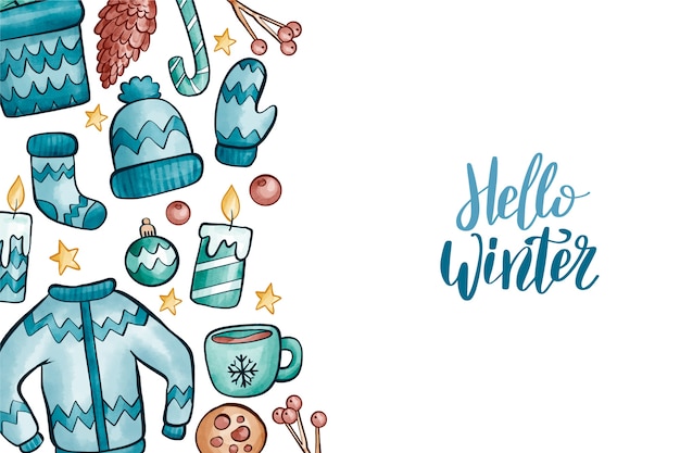 Winterkleren en elementen achtergrond Gratis Vector