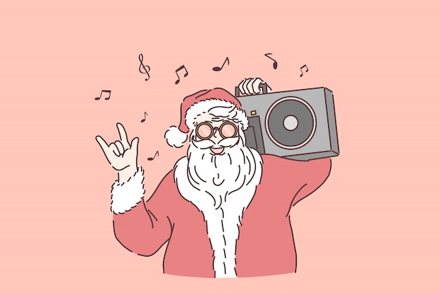 Wintervakantie feest. stijlvolle kerstman met boombox op schouder, santa die naar muziek luistert, rock n roll-gebaar, nieuwjaar en kerstfeest toont. eenvoudig plat Premium Vector