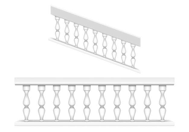 Wit marmeren balustrade voor veranda of tuin en leuning voor trap in klassieke romeinse stijl. realistische set van barokke stenen reling, trapleuning met pilaren, antiek hek met kolommen | Gratis Vector