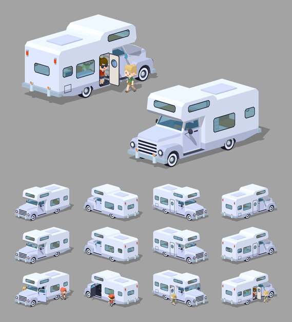 Witte 3d lowpoly isometrische rv-camper Premium Vector