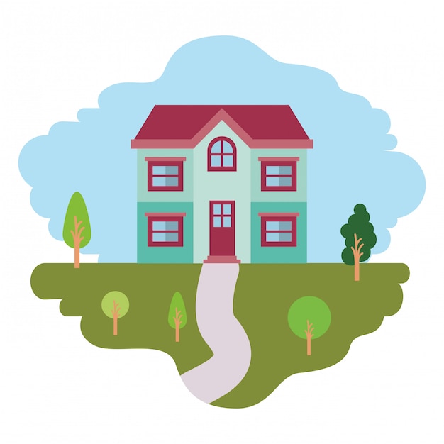 Witte achtergrond met kleurrijke scène van natuurlijke landschap en gevel huis van twee verdiepingen Premium Vector